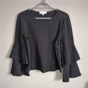 Anthropologie Eri + Ali Tiered Ruffle Bell Sleeve Top Heavyweight Slub Size Sm